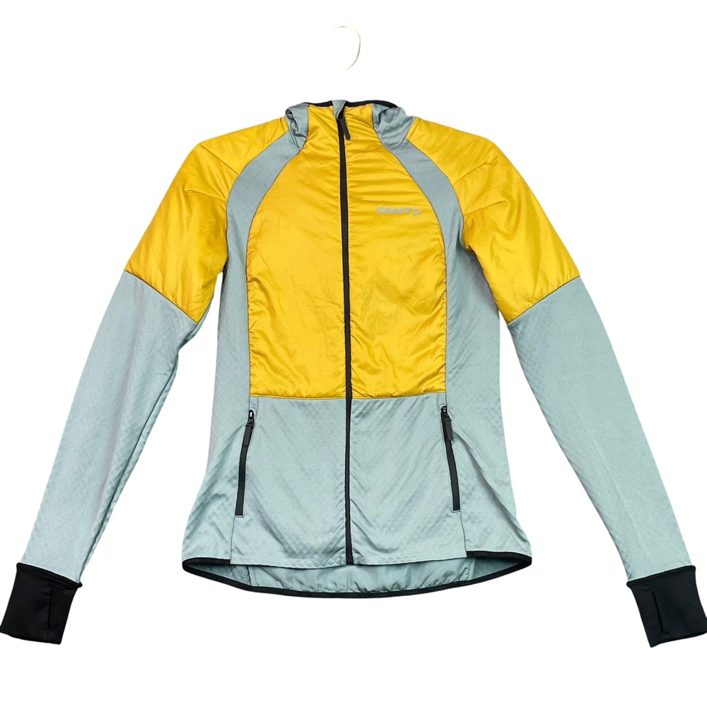 Craft Running Jacket Women Small Yellow Sage Green Hooded Thumbhole Performance
